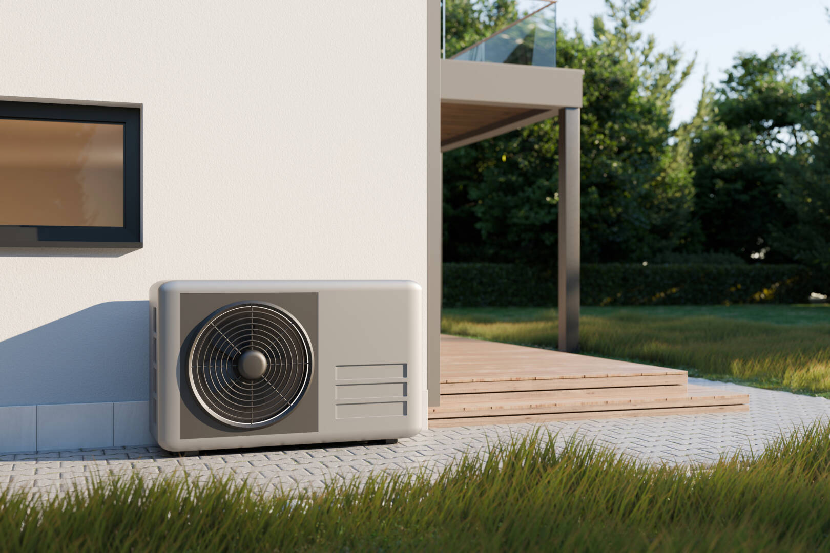 This 3D render displays a sleek air source heat pump placed on the exterior wall of a modern home, surrounded by a well-maintained garden and patio area on a sunny day.